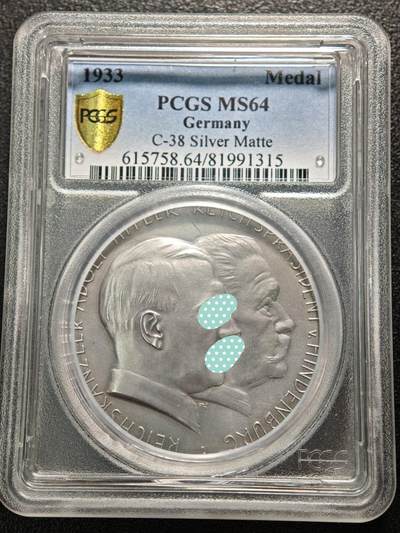 【德藏】世界币章拍卖第152期（拍品征集中~欢迎藏友联系） - 1933年 德国民族社会主义工人党党首与兴登堡银章 PCGS MS64 加厚盒封装（原图请查询PCGS评级公司官网）