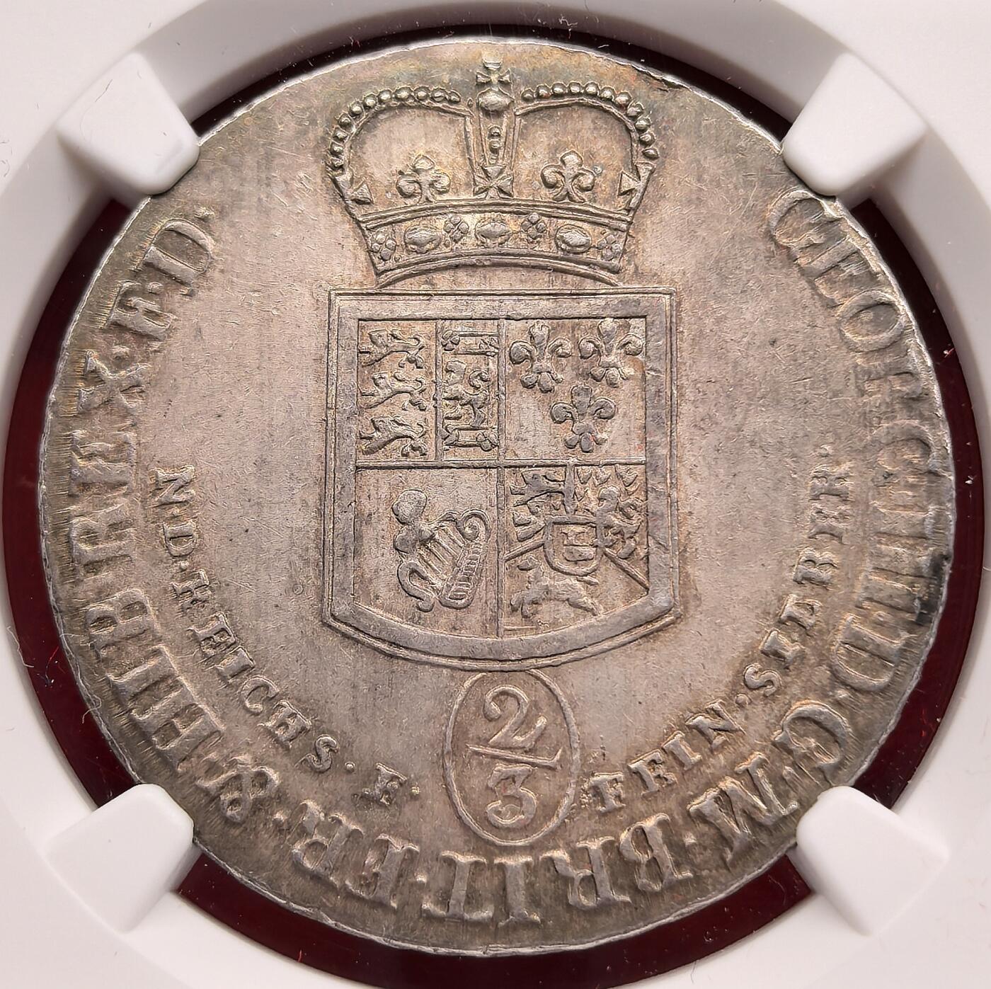 泉海漫舟·凡希社世界钱币微拍第三百十四期 1795德国不伦瑞克汉诺威盾徽版2/3泰勒NGC-MS63，英王乔治三世的德国领地，烟灰五彩，极富质感且韵味十足的一枚！