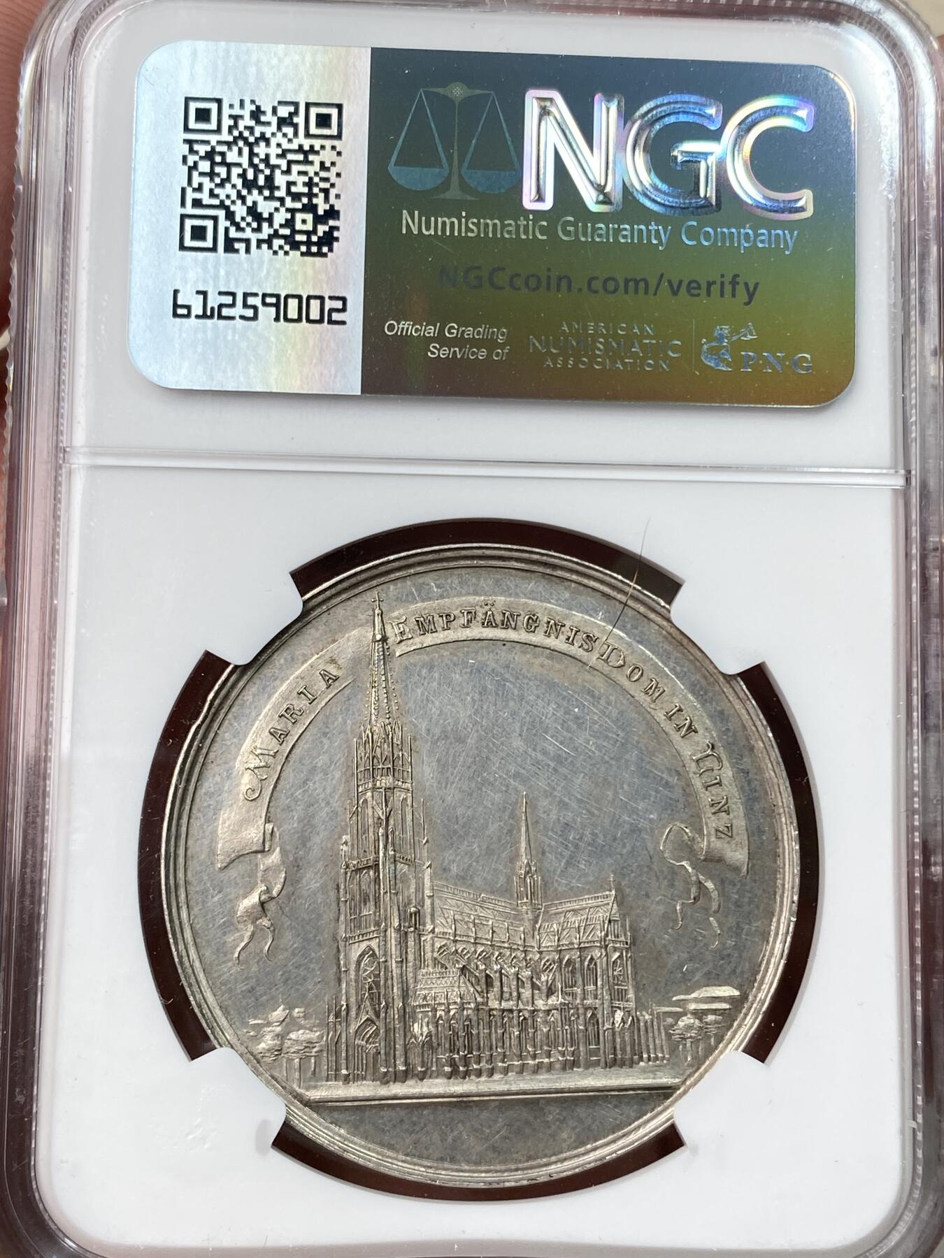 万国钱币拍卖第055期 NGC MS61 19世纪末期奥地利林茨大教堂洗礼纪念银章 精制镜面 背面林茨大教堂景观的版本非常罕见