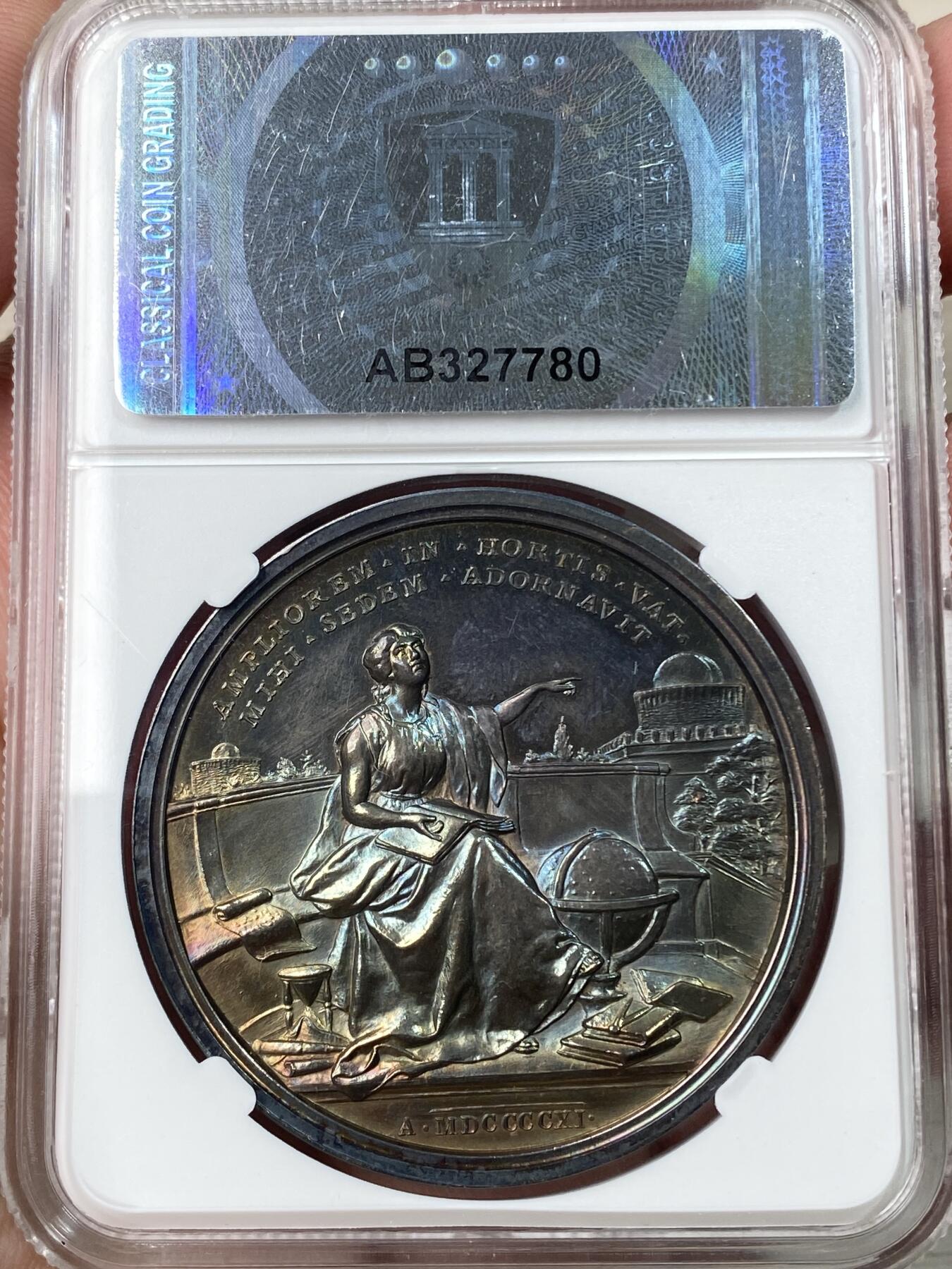 万国钱币拍卖第055期 CCG MS68 1911年梵蒂冈教皇国庇护十世第八届新梵蒂冈天文台纪念大银章 罗马造币厂铸 炫丽孔雀蓝幻彩 意大利本土评级 分数仅供参考