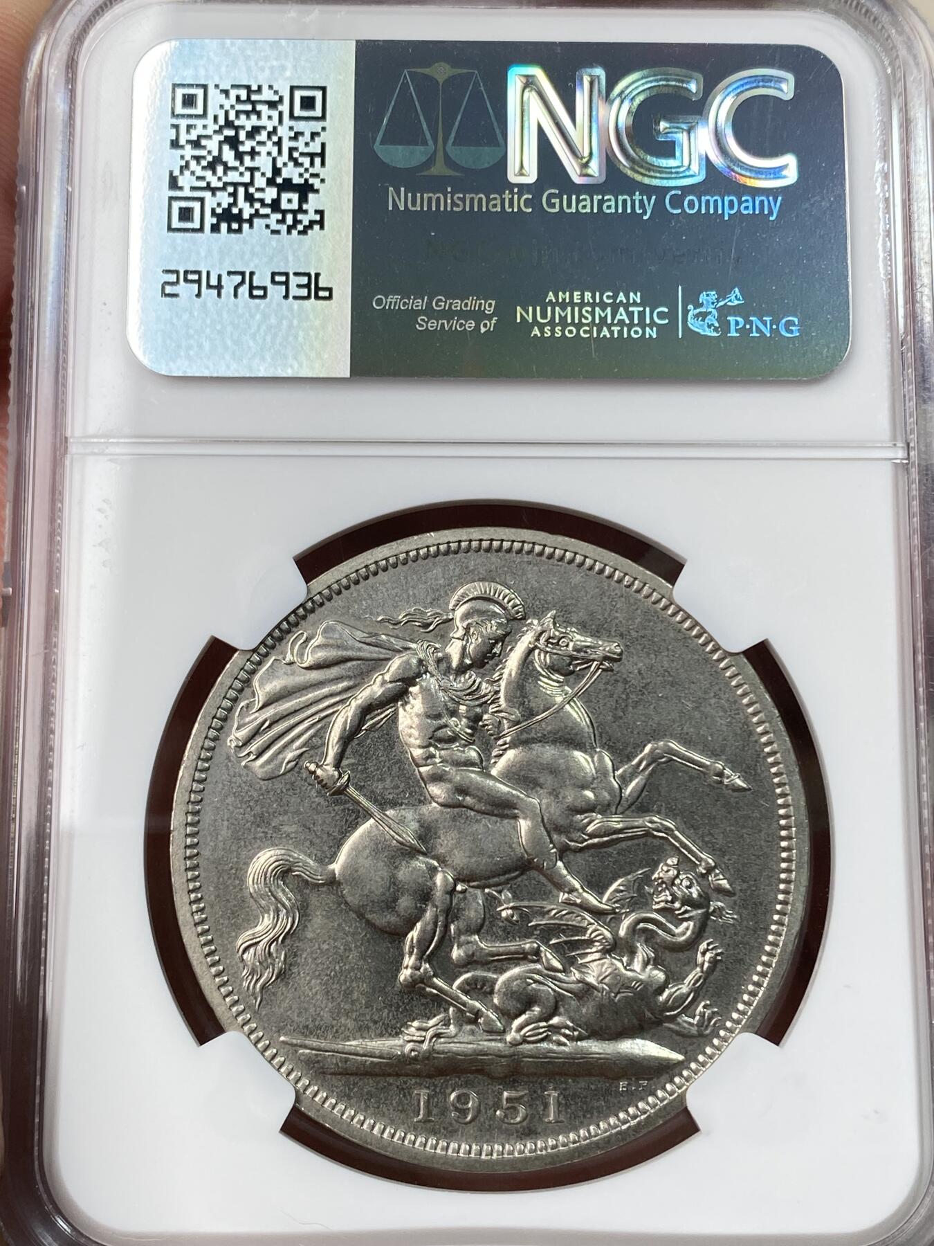 万国钱币拍卖第055期 NGC PL64 1951年英国乔治六世马剑克朗镍币 最后的马剑 镜面精铸质感