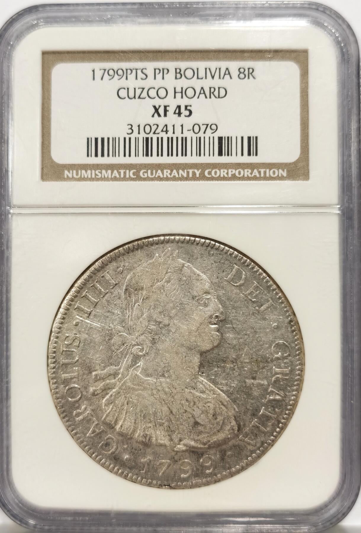 博洋堂世界钱币拍卖第146期（全场包邮） NGC XF45 玻利维亚1799年PTS PP版卡四双柱8里亚尔，与上枚一样出自非常传奇的CUZCO窖藏，状态也是相当不错。少见年份，麦稀奇此年份首见有分的，外拍一直在上涨，珍稀国内现货筹码