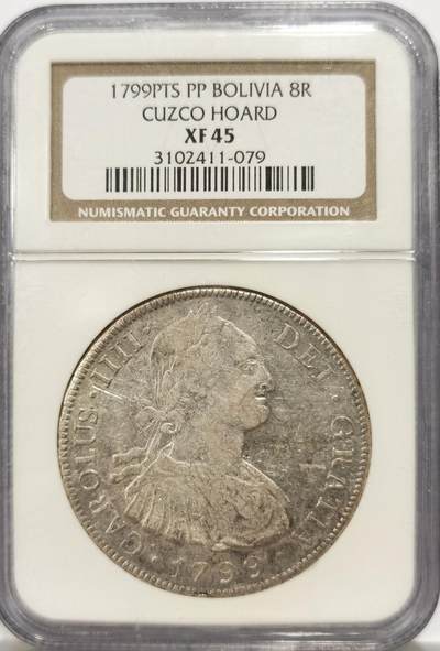 博洋堂世界钱币拍卖第146期（全场包邮） - NGC XF45 玻利维亚1799年PTS PP版卡四双柱8里亚尔，与上枚一样出自非常传奇的CUZCO窖藏，状态也是相当不错。少见年份，麦稀奇此年份首见有分的，外拍一直在上涨，珍稀国内现货筹码