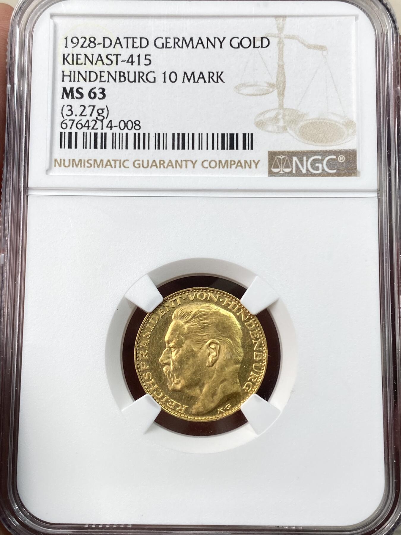 万国钱币拍卖第055期 NGC MS63 1928年德国魏玛共和国兴登堡总统80大寿纪念流通10马克币章 卡尔哥茨名誉设计品种 3.27G 900金