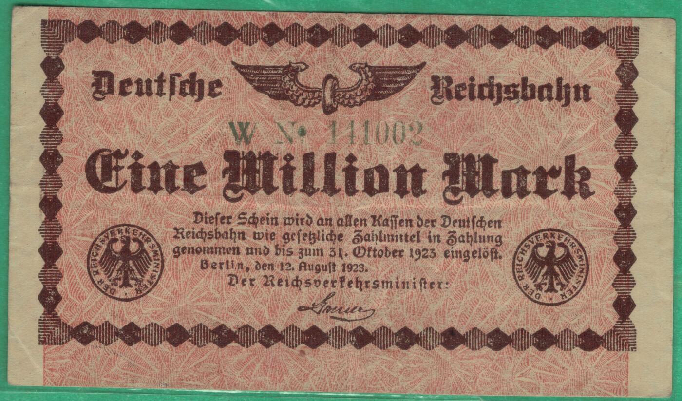 德国1923年1000000(100万)马克 铁路应急代用币 实物图 八五品 德国铁路发行，仅在铁路系统内流通，有效期仅两个半月。