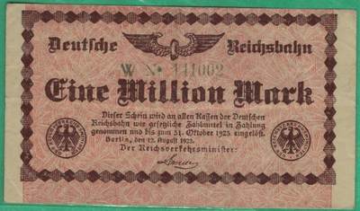德国1923年1000000(100万)马克 铁路应急代用币 实物图 八五品 德国铁路发行，仅在铁路系统内流通，有效期仅两个半月。 - 德国1923年1000000(100万)马克 铁路应急代用币 实物图 八五品 德国铁路发行，仅在铁路系统内流通，有效期仅两个半月。