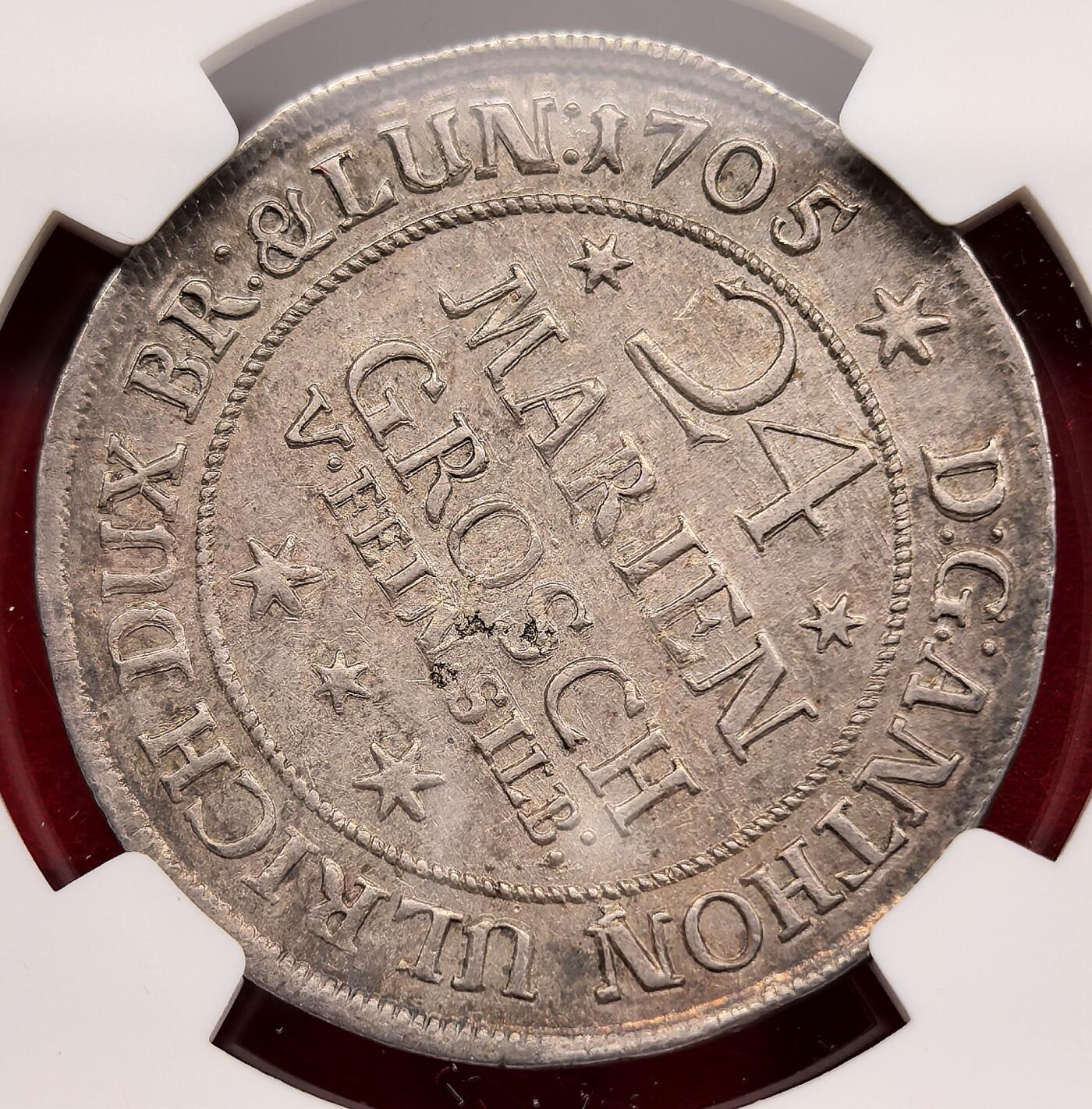 泉海漫舟·凡希社世界钱币微拍第三百十四期 1705德国不伦瑞克沃尔芬堡野人24MG大银NGC-AU55