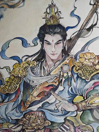 白泽拍卖卡牌手绘专场第28期（细雨生寒、寻梅闻香） 2025 鹿凝手绘画 二郎神 尺寸：37cm*52cm 有外框  鹿凝亲签