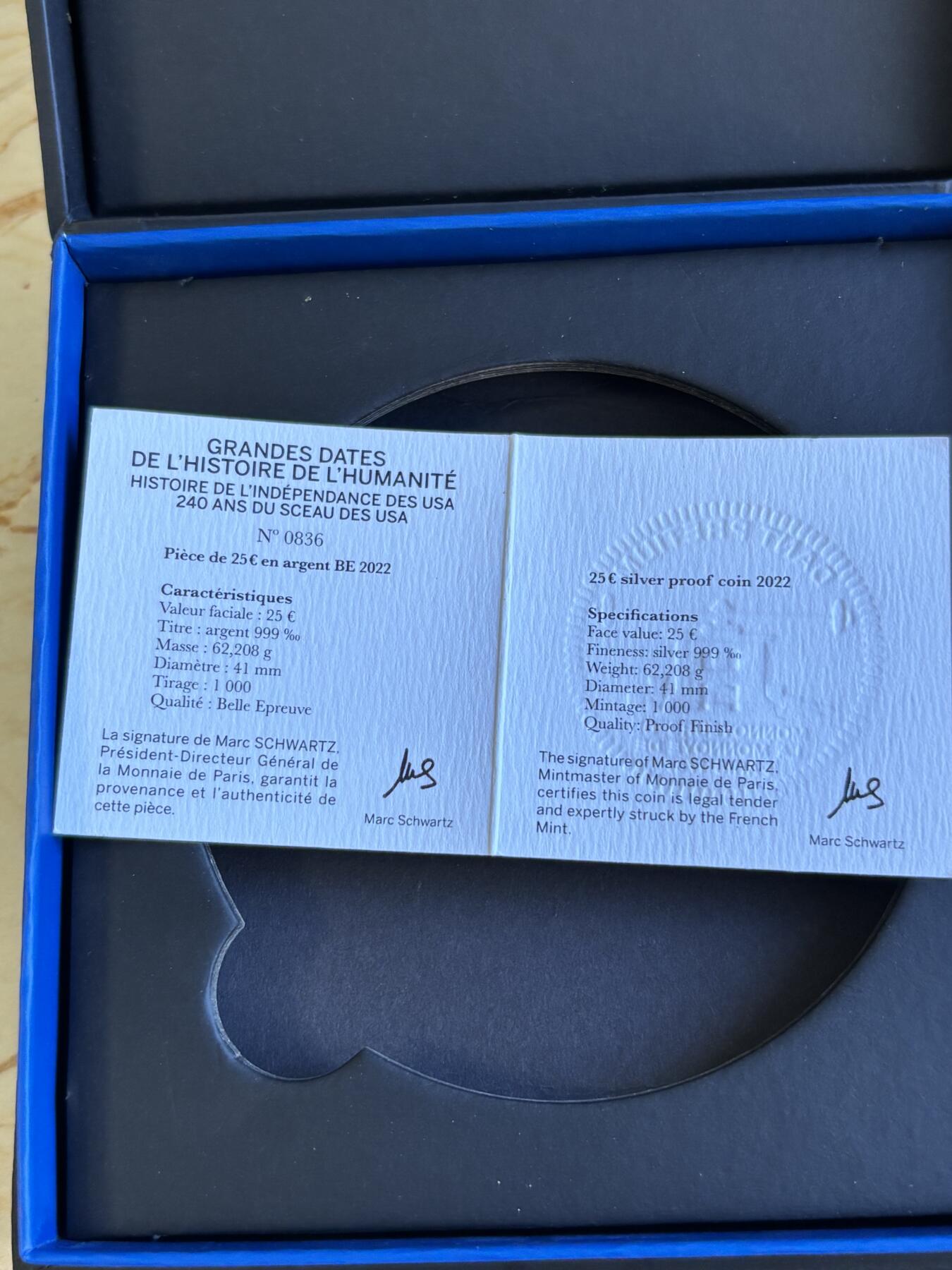 第182期拍卖   法国2022年人类伟大的日子 美国大宪法 高浮雕仿古2盎司银币原盒证书，999银，发行量1000枚