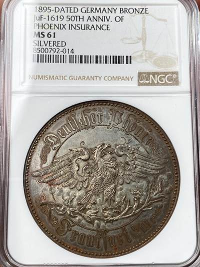 万国钱币拍卖第055期 - NGC MS61 1895年德国美茵河畔法兰克福凤凰保险成立50周年镀银大铜章 罕见哥特体凤凰重生主题