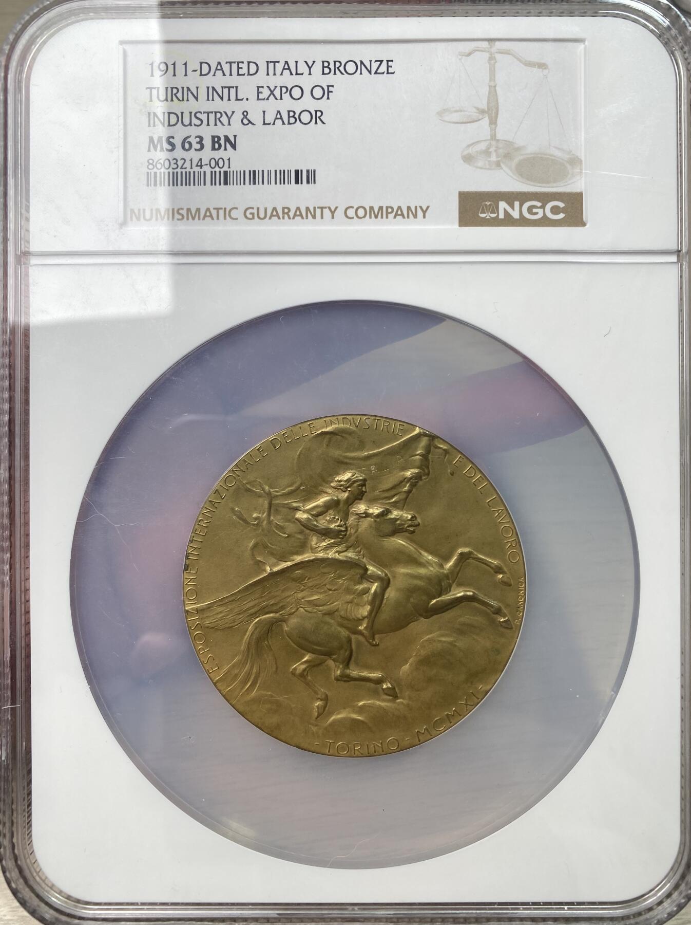 万国钱币拍卖第055期 NGC MS63 1911年意大利共和国都灵国际工业与劳工博览会纪念大铜章 意大利女神身骑飞马非常帅气 82.52G