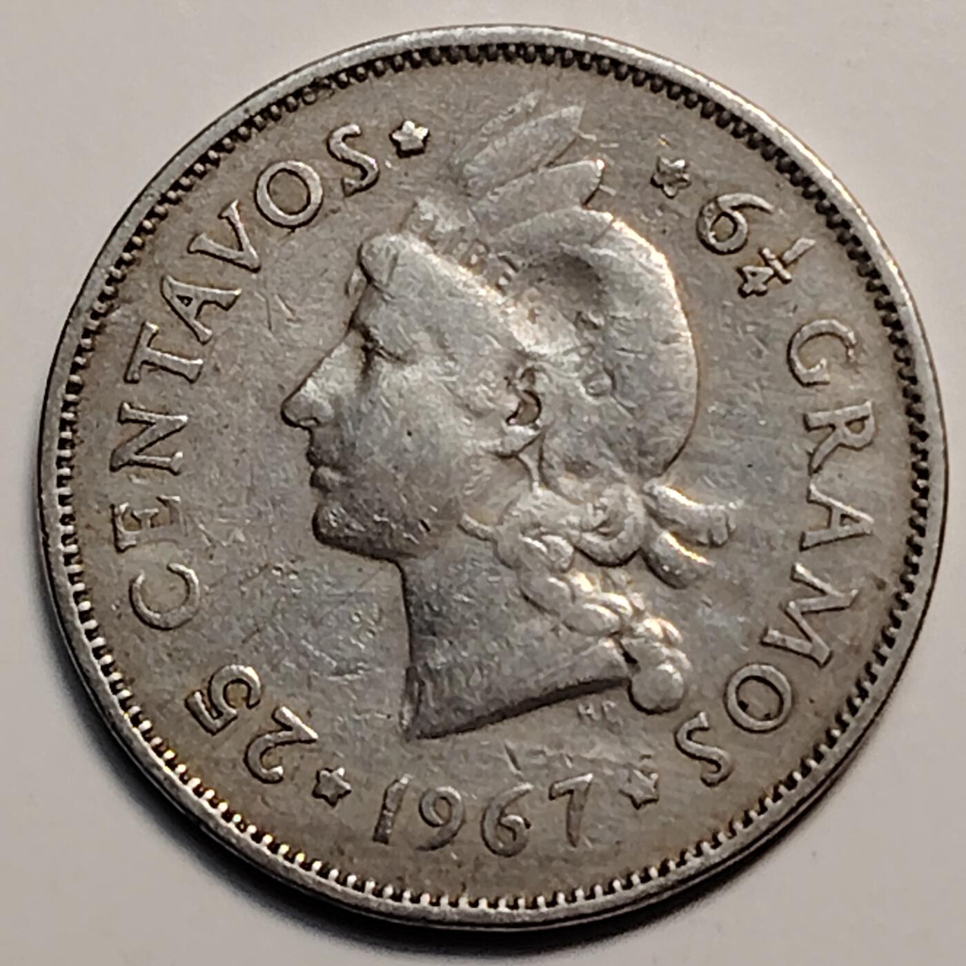 布加迪🐬～世界钱币(上海)🌾第 259 期 /  各国套币和散币 多米尼加🇩🇴 1967年 25分 24.2mm