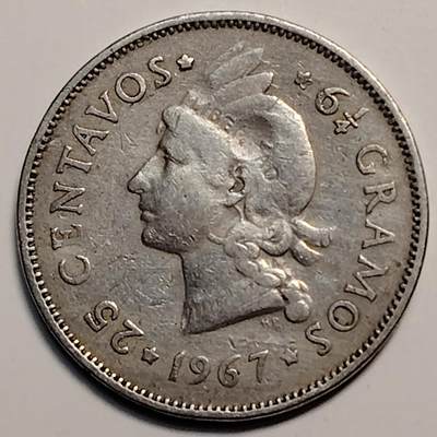 布加迪🐬～世界钱币(上海)🌾第 259 期 /  各国套币和散币 - 多米尼加🇩🇴 1967年 25分 24.2mm