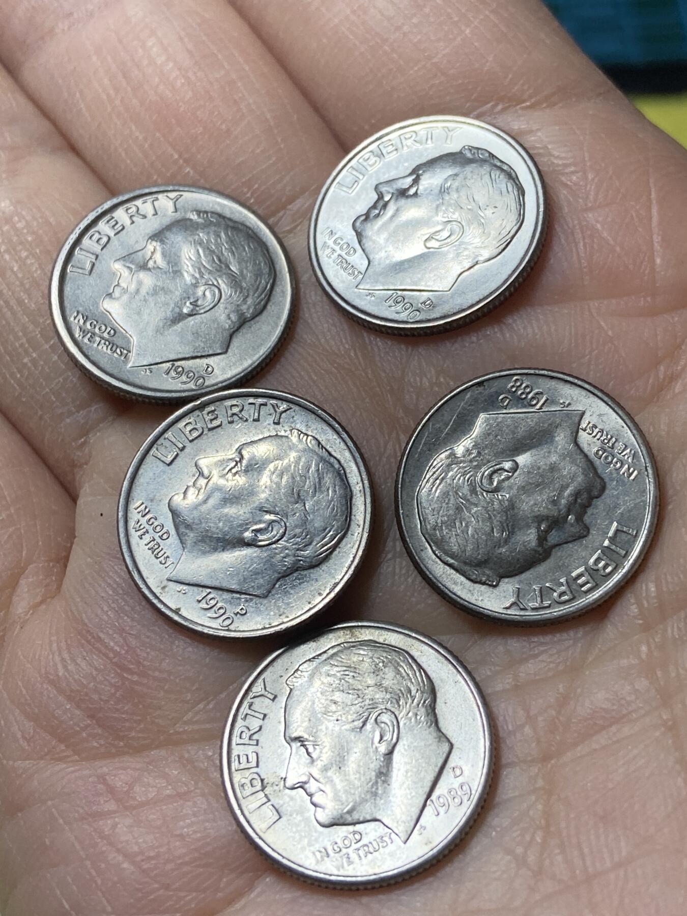 2025年第一百二十九场(总第一百五十五场）外国邮票、散币场(免佣金) 美国🇺🇸1角5枚：1988年89年90年(罗斯福1角第二版)