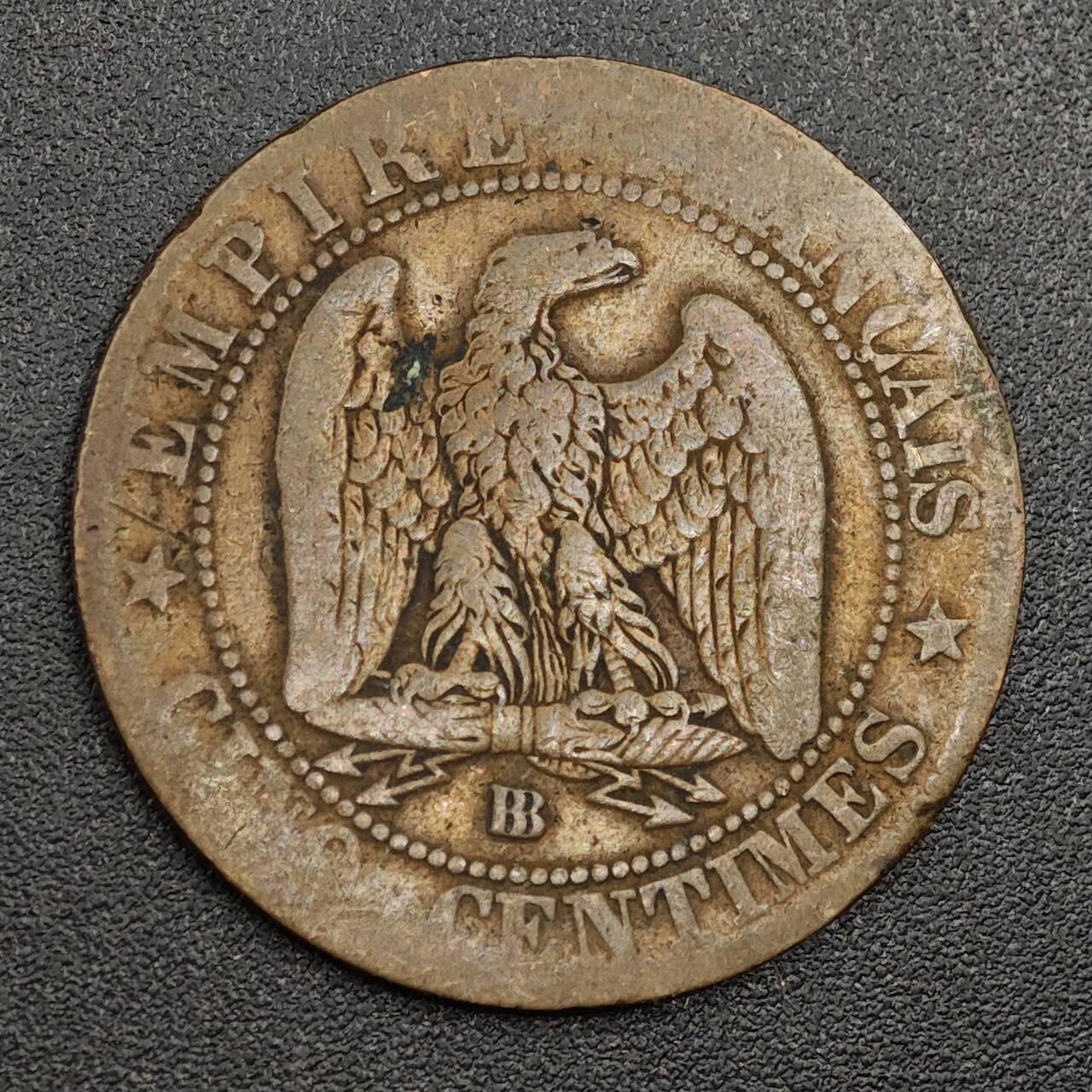 【淘币小摊】限时拍第七百九十七拍  老铜币场  满百包邮可预留两周  周一统一发货  法国1863年拿破仑三世5分铜币