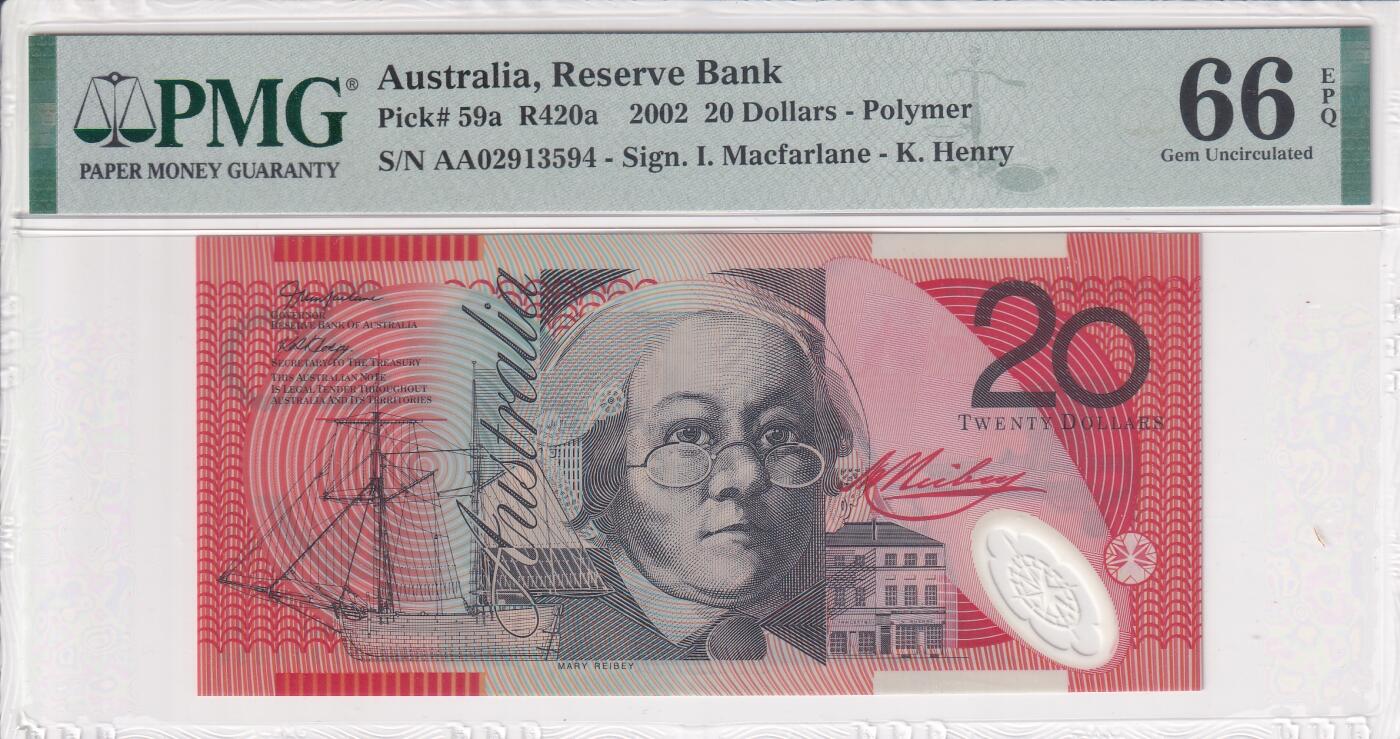 【礼羽收藏】🌏世界钱币拍卖第112期 【PMG66】大洋洲，澳大利亚，2002年，20面值，稀少AA首冠，首发年首版