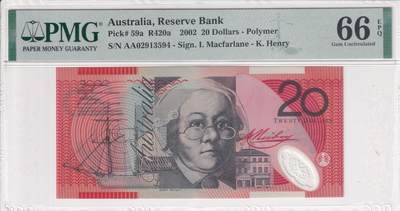 【礼羽收藏】🌏世界钱币拍卖第112期 - 【PMG66】大洋洲，澳大利亚，2002年，20面值，稀少AA首冠，首发年首版
