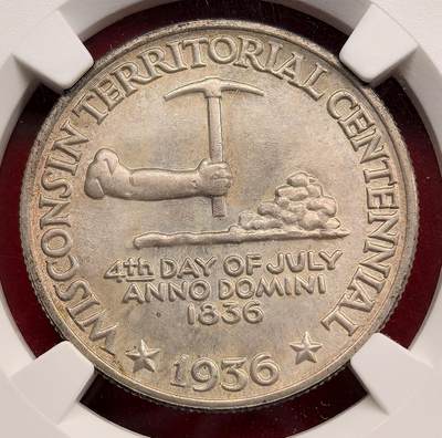 泉海漫舟·凡希社世界钱币微拍第三百十四期 - 1936美国威斯康辛州纪念半美元NGC-MS67，淡香槟金彩，养眼美物。