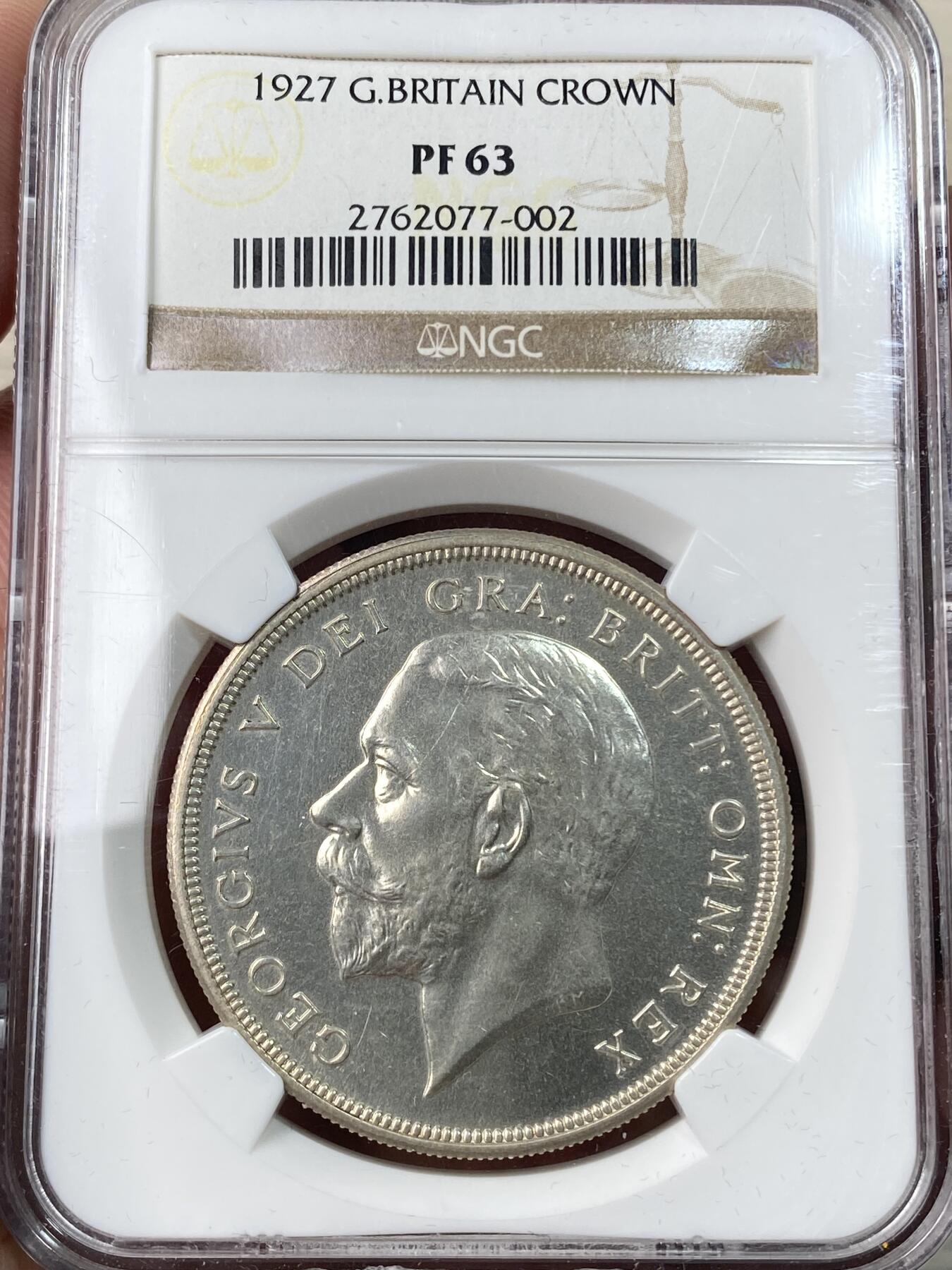万国钱币拍卖第055期 NGC PF63 1927年英国乔治五世花冠精制克朗 发行量15000枚 镜面底板（轻微鼓盒）