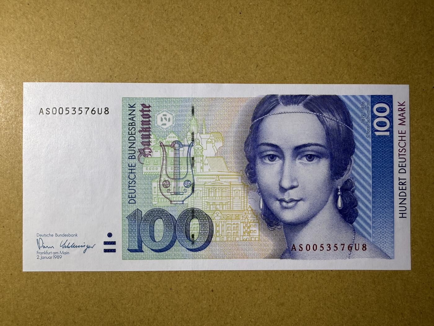 《艾美收藏》第220期-11.16周日外币畅拍场 德国100马克 UNC 1989年 德国女钢琴家克拉舒曼 无4