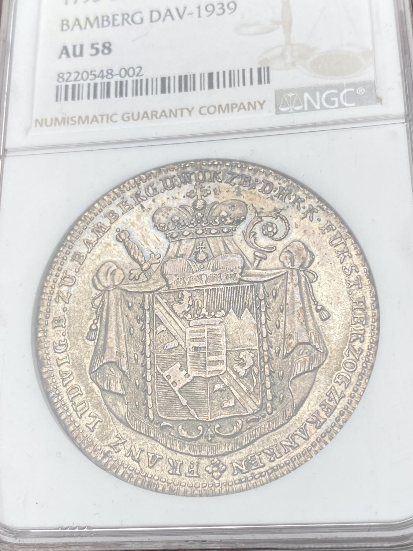 万国钱币拍卖第055期 NGC AU58 1795年德国班贝格教区弗朗茨·路德维希·冯·埃尔塔尔纹章大泰勒 纽伦堡铸币厂造 罕见品种 原味淡彩