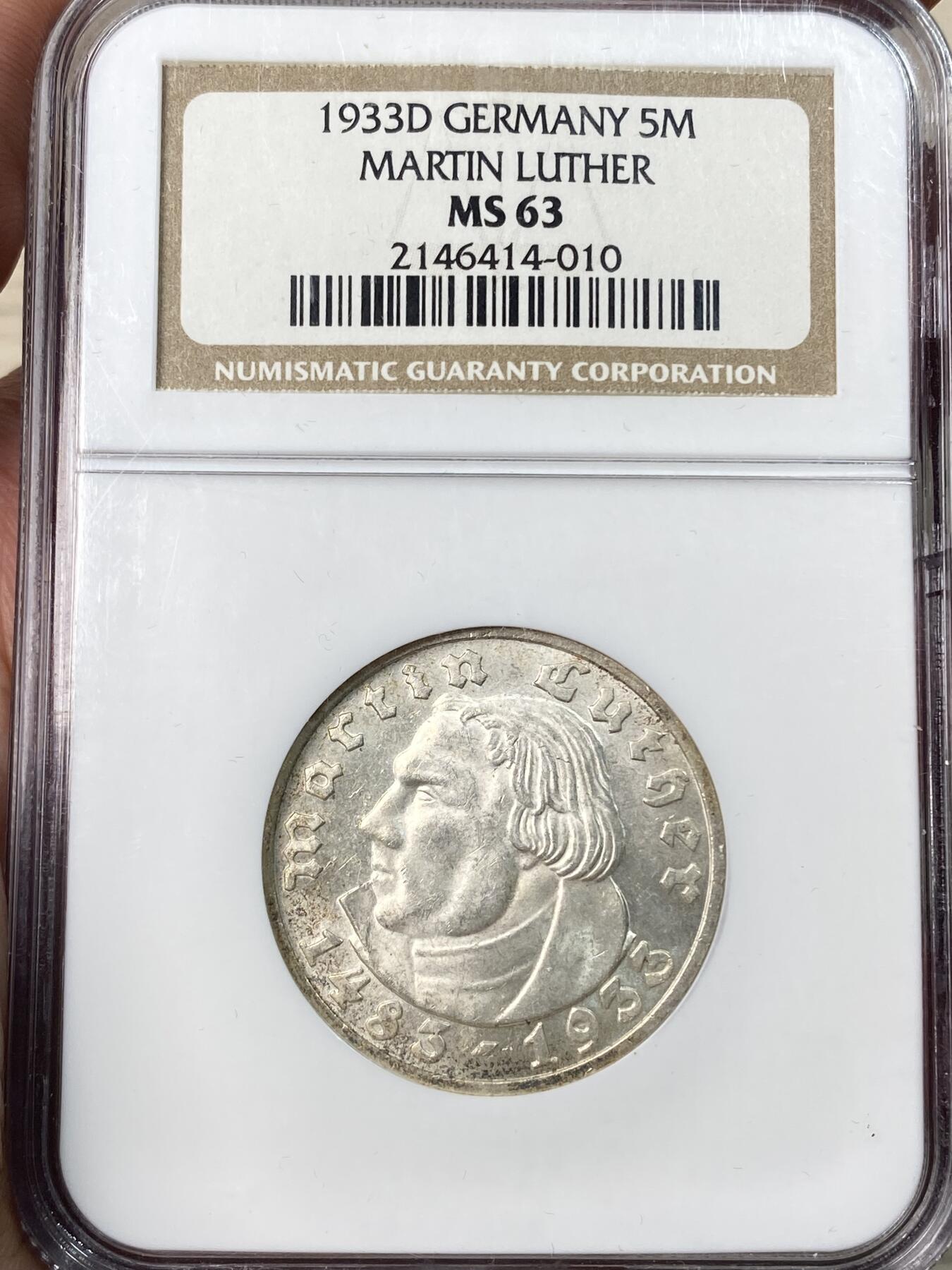 万国钱币拍卖第055期 NGC MS63 1933年D德国马丁·路德诞辰450周年纪念流通5马克银币 NGC老盒银霜转光好品