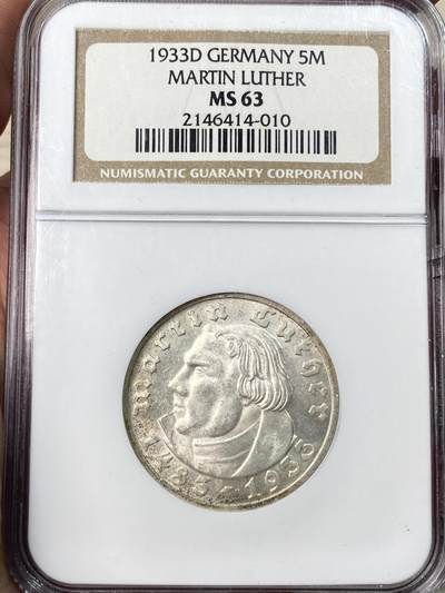 万国钱币拍卖第055期 - NGC MS63 1933年D德国马丁·路德诞辰450周年纪念流通5马克银币 NGC老盒银霜转光好品