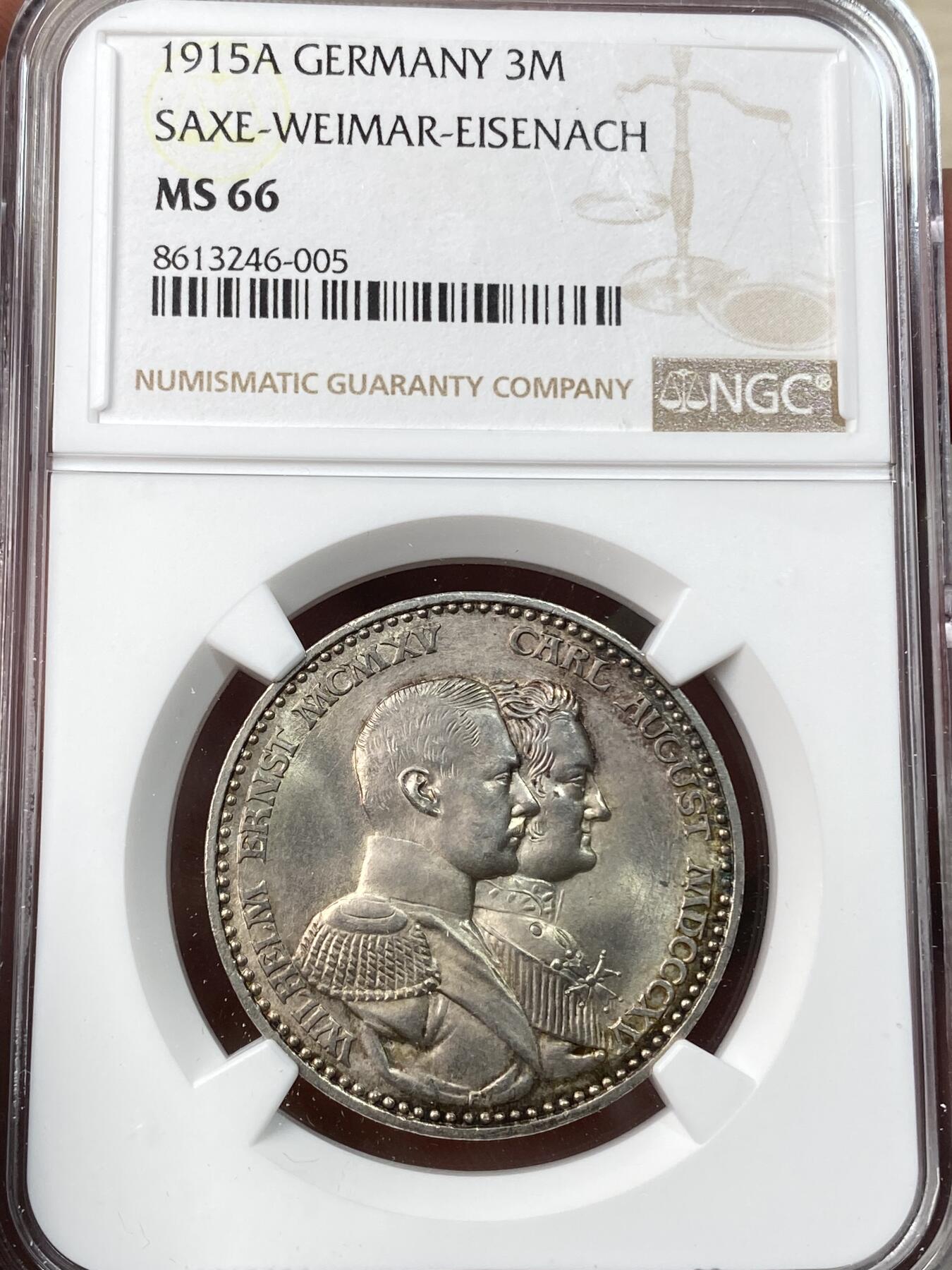 万国钱币拍卖第055期 NGC MS66 1915年德国萨克森-魏玛-爱森纳赫大公国3马克 鹰形设计独特 罕见小邦品种 超神丝绸光 NGC亚军分 顶级典藏品质