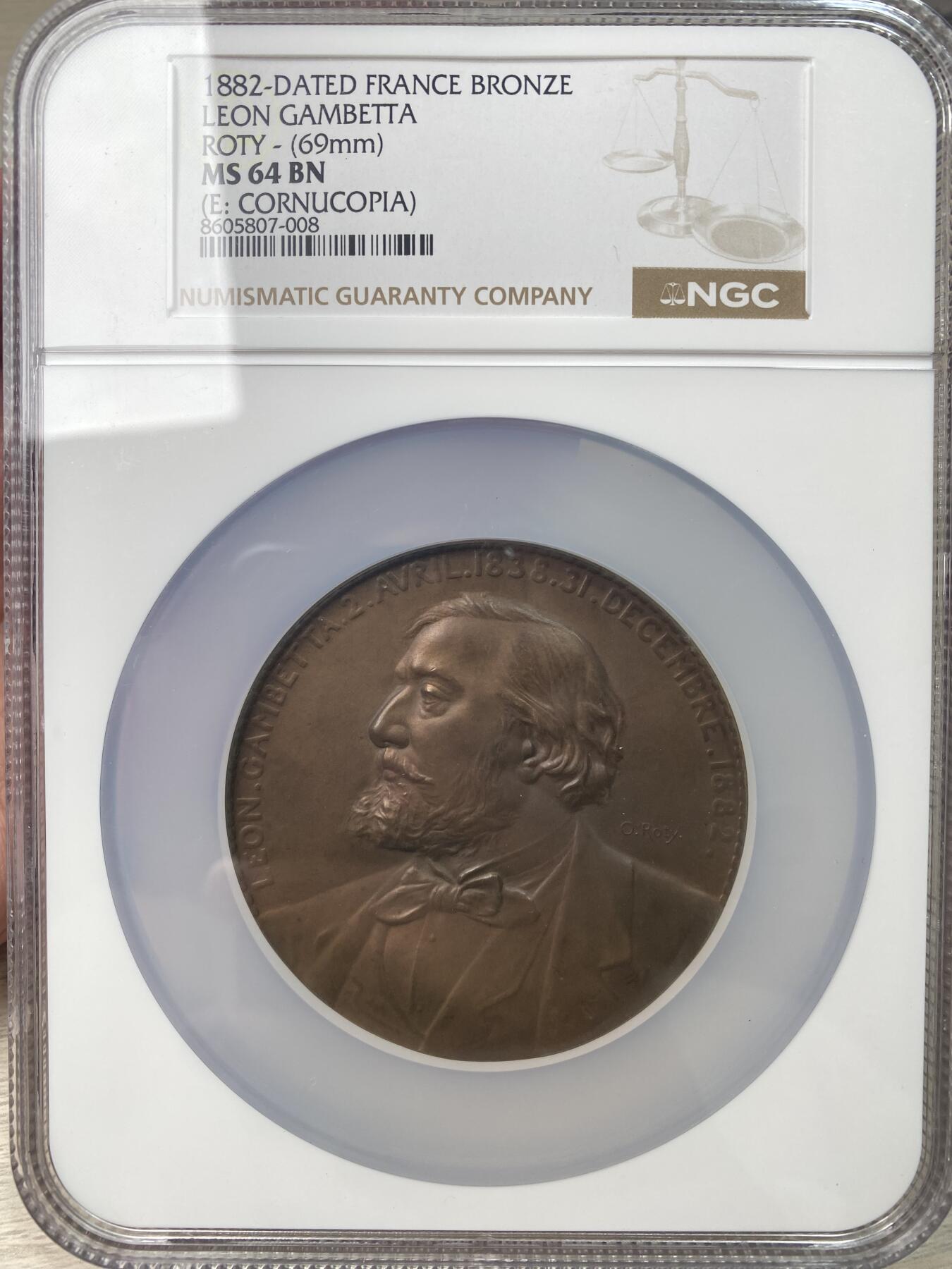 万国钱币拍卖第055期 NGC MS64 1882年法国第三共和国众议院议长莱昂·甘必大逝世纪念大铜章 法系罗蒂名家雕刻