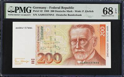 《艾美收藏》第220期-11.16周日外币畅拍场 - 德国200马克 PMG68E 1989年 德国医学家埃尔利希 AA冠 冠军分