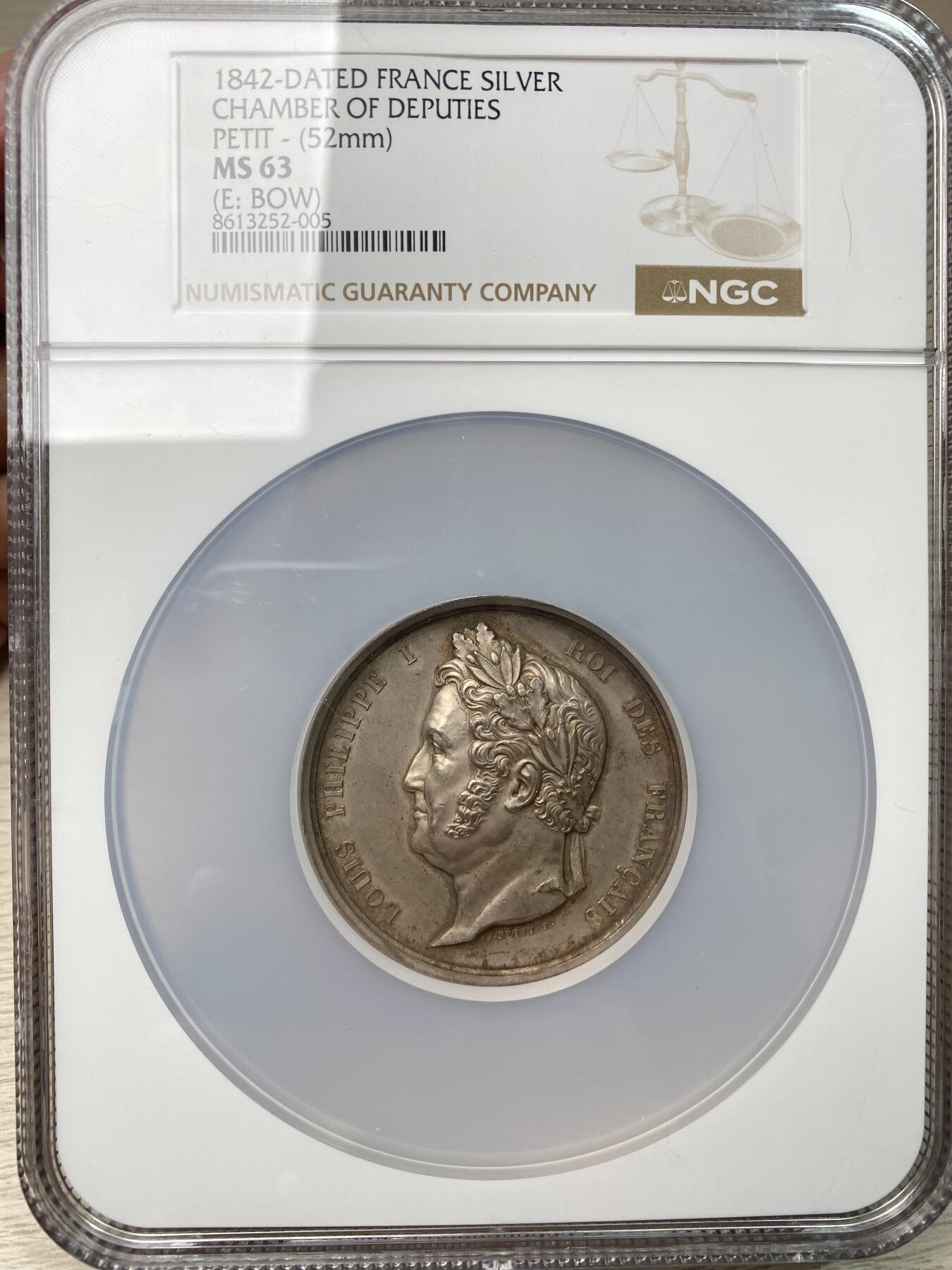 万国钱币拍卖第055期 NGC MS63 1842年法国路易·菲利普一世纪念众议院议会大银章 欧洲古典高浮雕大银章 罕见品种 52MM 71.28G大规格