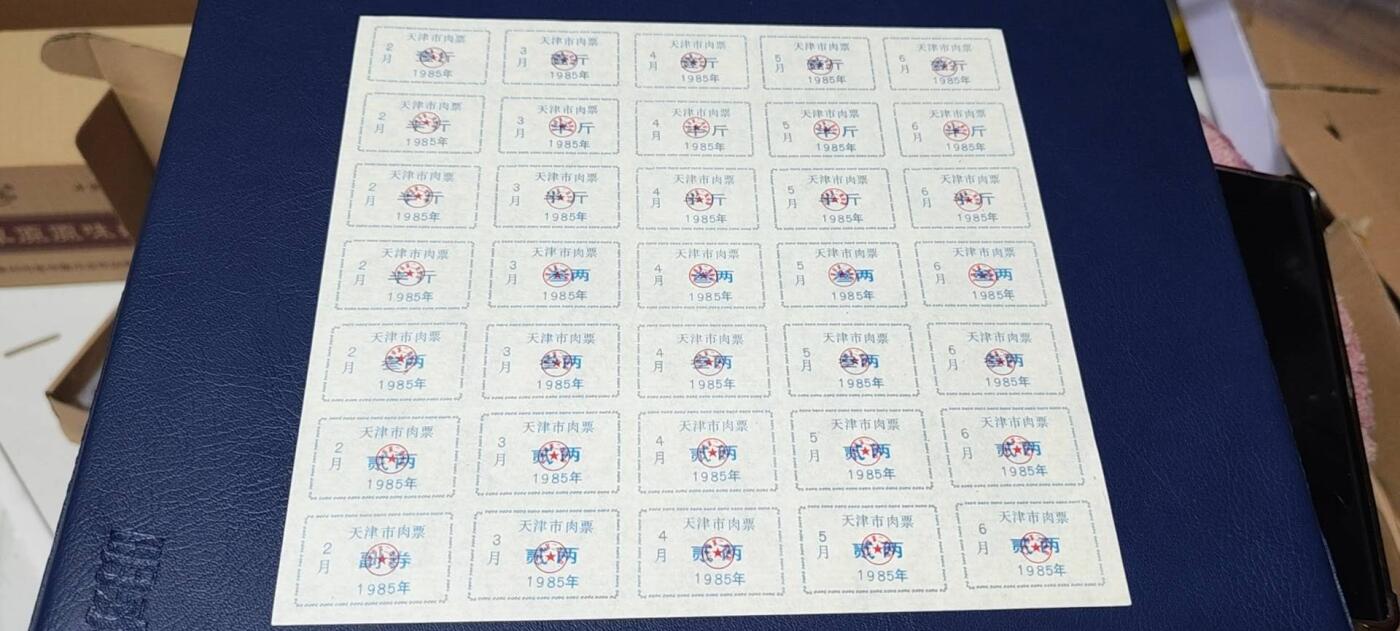 票证拍场，都是整版或者联票 天津市猪肉票，35联张，1985年发行