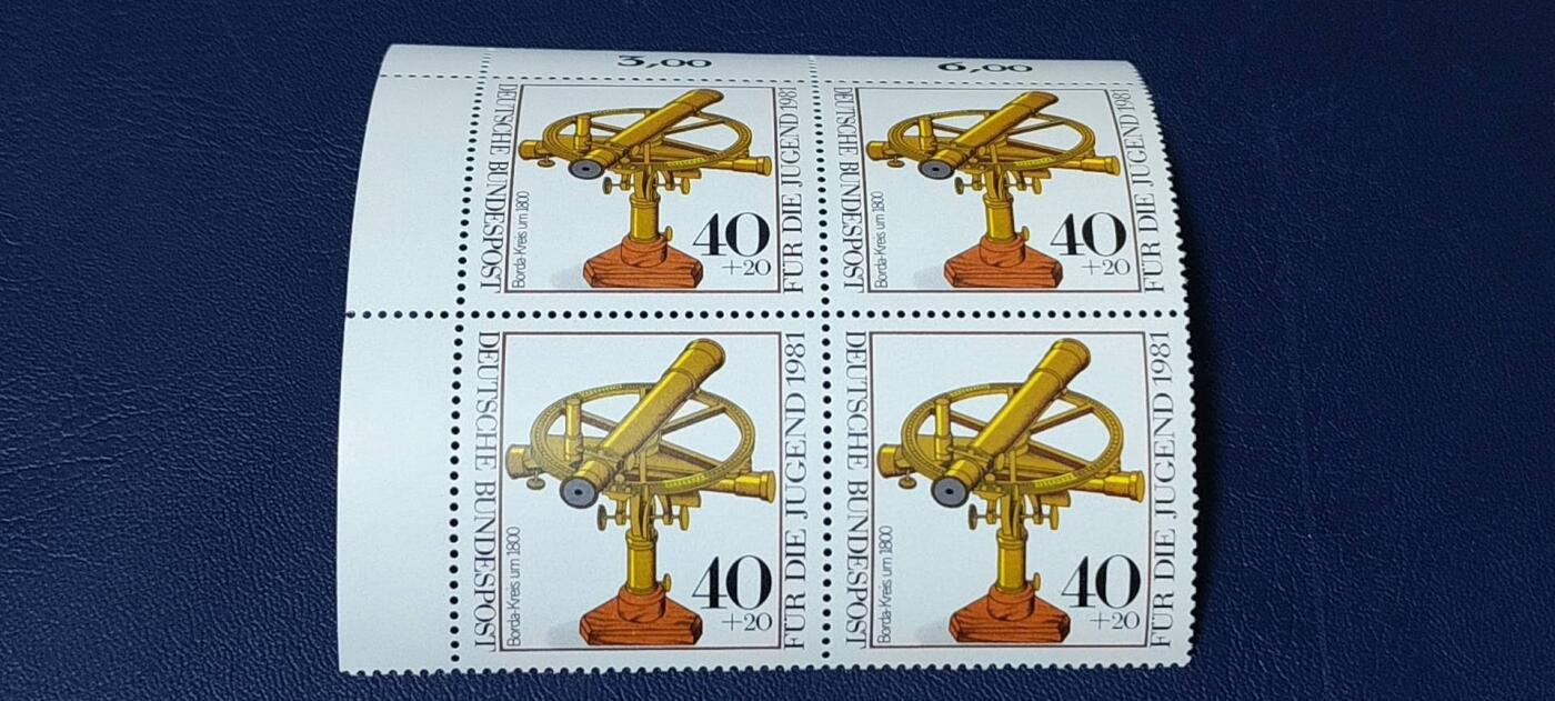 德国邮票专场，都是四方联 德国邮票  四方联，1981年发行，古老光学仪器  望远镜   ，品相如图