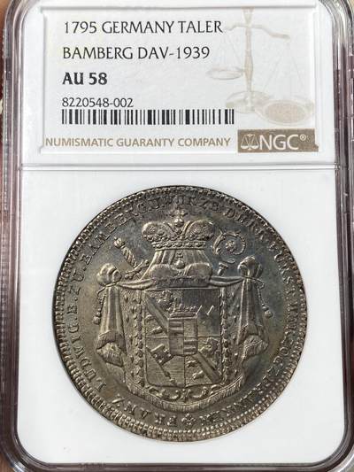 万国钱币拍卖第055期 - NGC AU58 1795年德国班贝格教区弗朗茨·路德维希·冯·埃尔塔尔纹章大泰勒 纽伦堡铸币厂造 罕见品种 原味淡彩