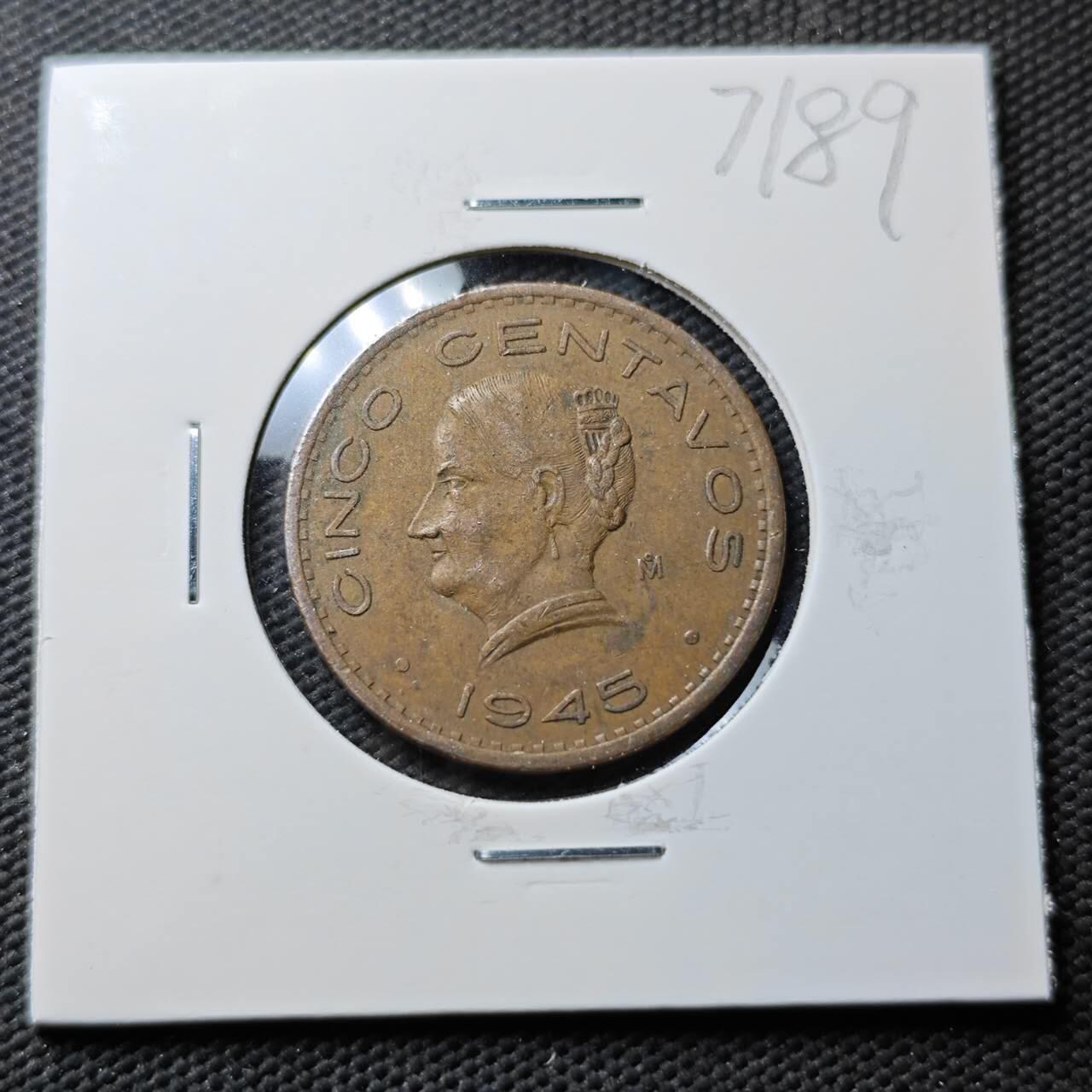 KK钱币收藏小铺  第371场  2月预留时间 周末发货  1945墨西哥5分铜币