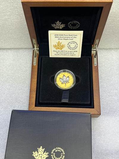 大中华拍卖第803期 - 2018加拿大枫叶30周年纪念金币含盒子证书1盎司金 首枚3D枫叶金币！金银合铸，极致工艺，收藏家必入臻品。