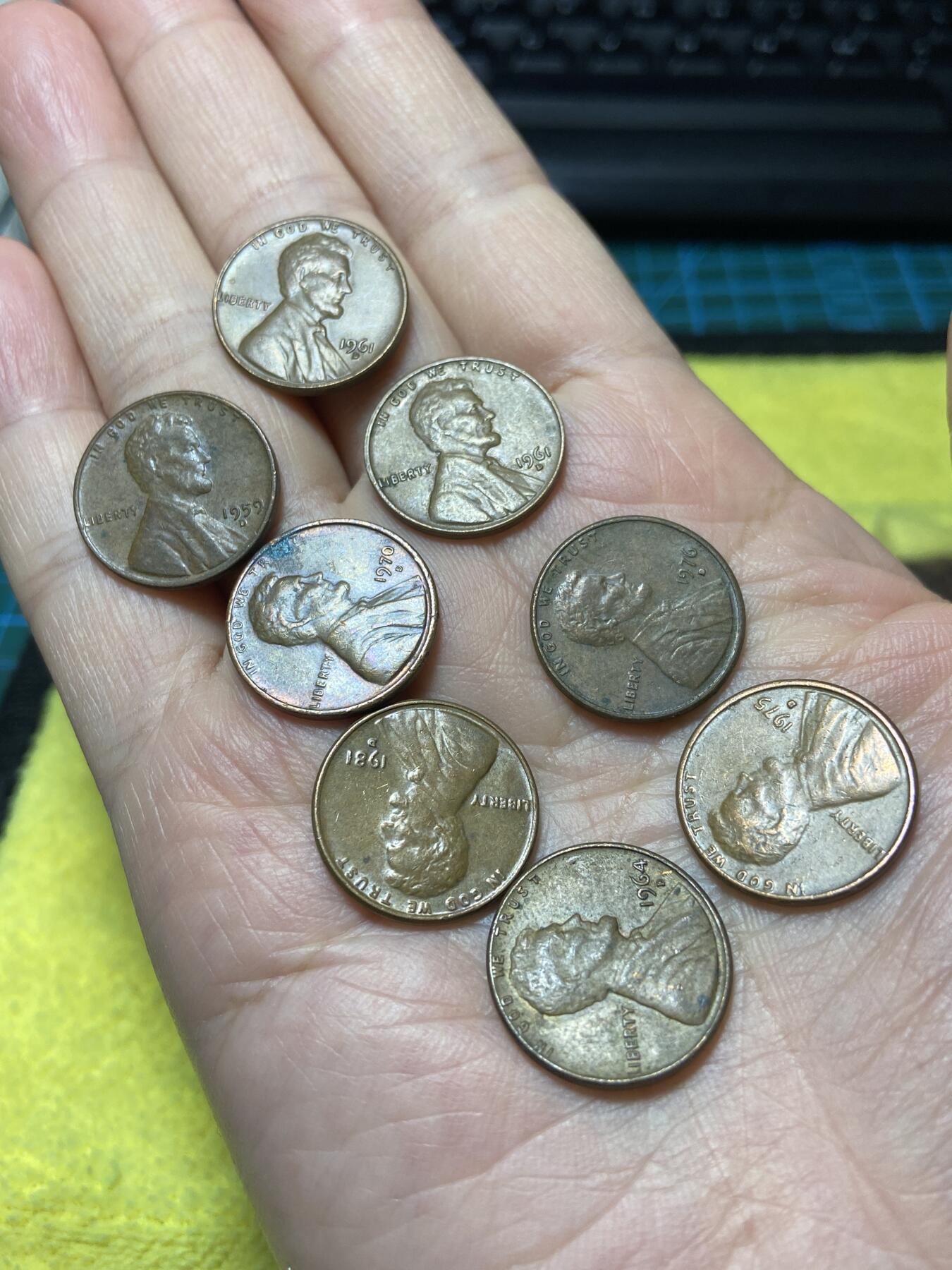 2025年第一百二十九场(总第一百五十五场）外国邮票、散币场(免佣金) 美国🇺🇸1分8枚：1959年61年64年70年75年76年81年(林肯一分第四版，纪念堂一分)