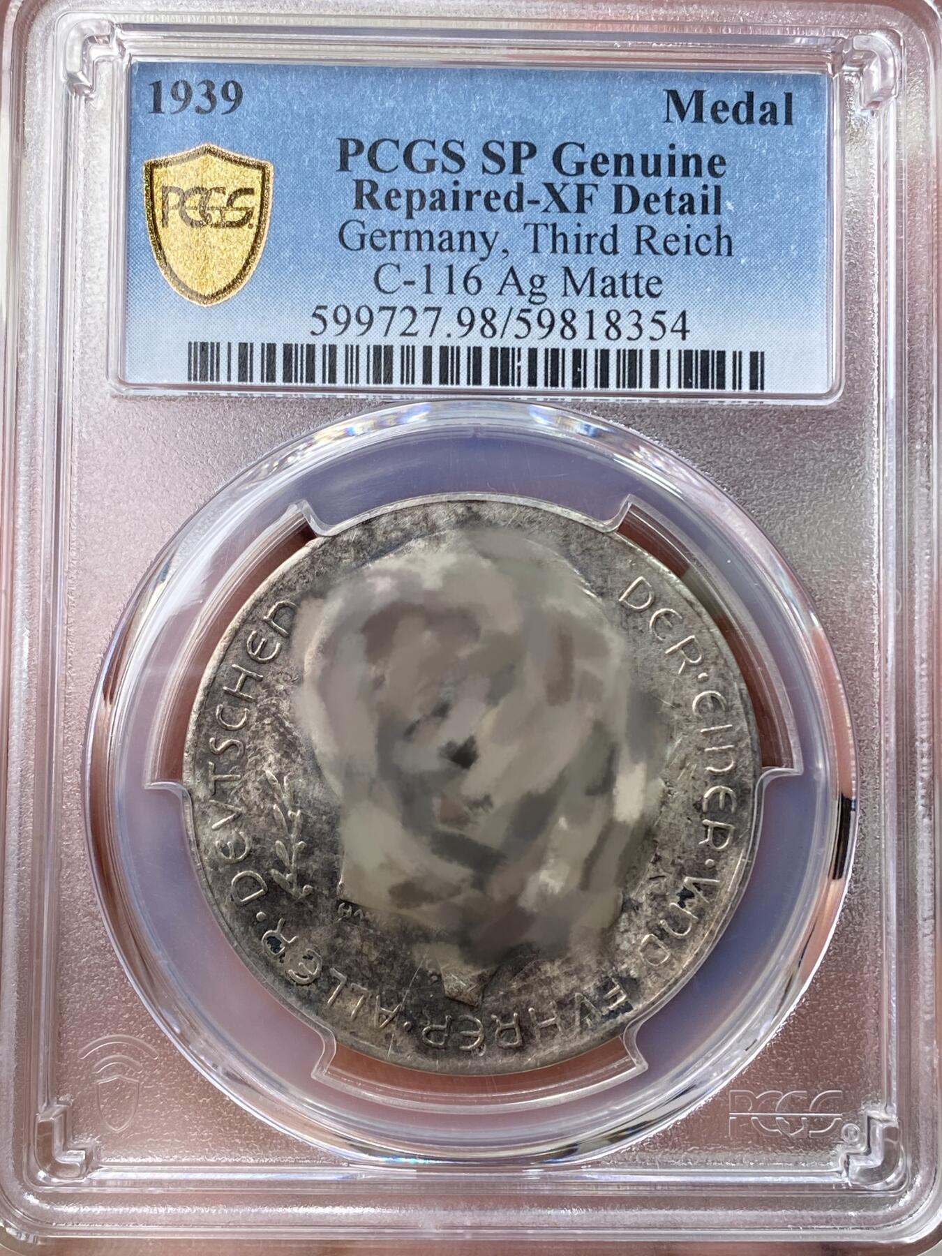 万国钱币拍卖第055期 PCGS XFD 1938年德国民族社会主义工人党党魁纪念吞并奥地利银章 章面有腐蚀（原图请私信后台或自行查询评级官网）