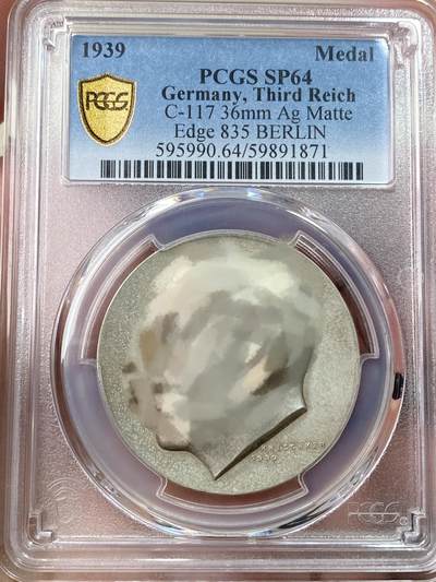 万国钱币拍卖第055期 - PCGS SP64 1939年德国民族社会主义工人党党魁50大寿纪念银章 党魁在生日收到位于贝希特斯加登的“鹰堡” 顶级天鹅绒彩包浆 （原图请私信后台或自行查询官网）
