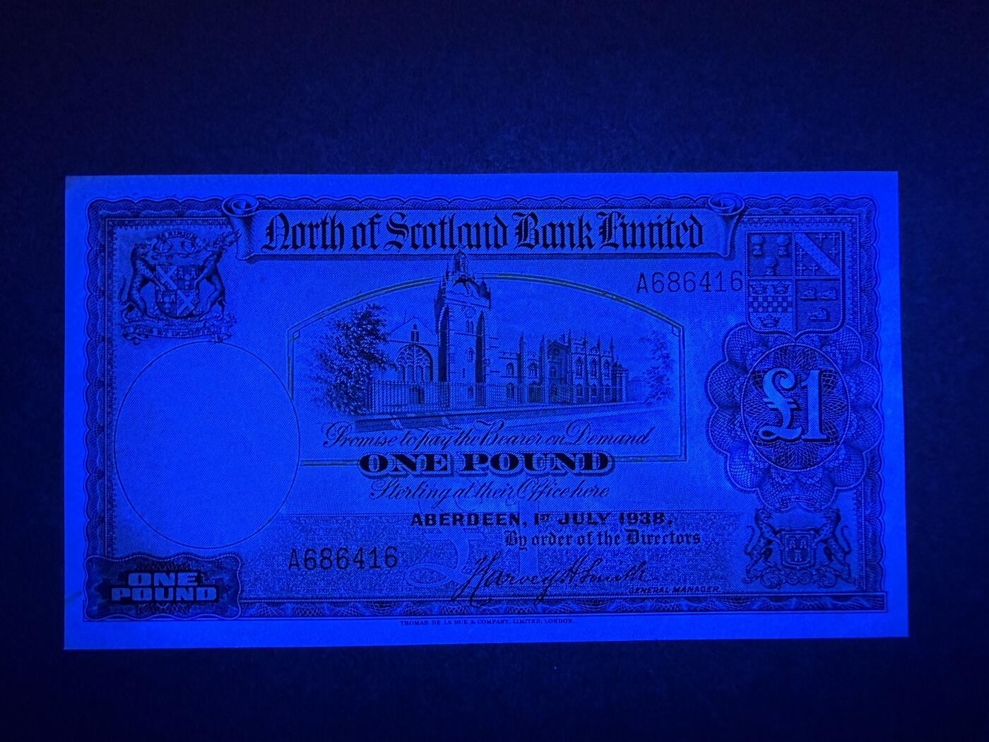 《艾美收藏》第220期-11.16周日外币畅拍场 苏格兰1镑 UNC- 1938年 苏格兰北方银行早期版本 A冠 票面有些起毛和荧光