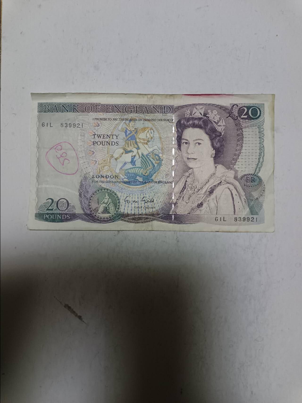【20251120】非全新纸币第305场 英国D序列20磅，有字迹