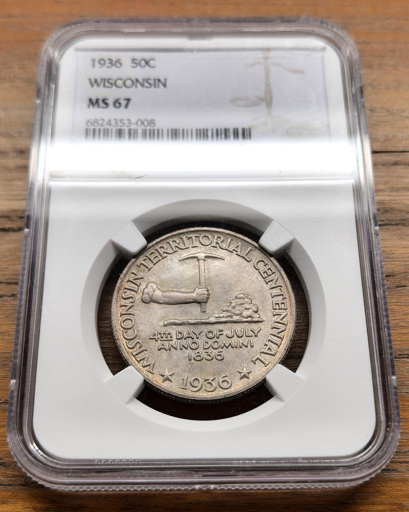 泉海漫舟·凡希社世界钱币微拍第三百十四期 1936美国威斯康辛州纪念半美元NGC-MS67，淡香槟金彩，养眼美物。