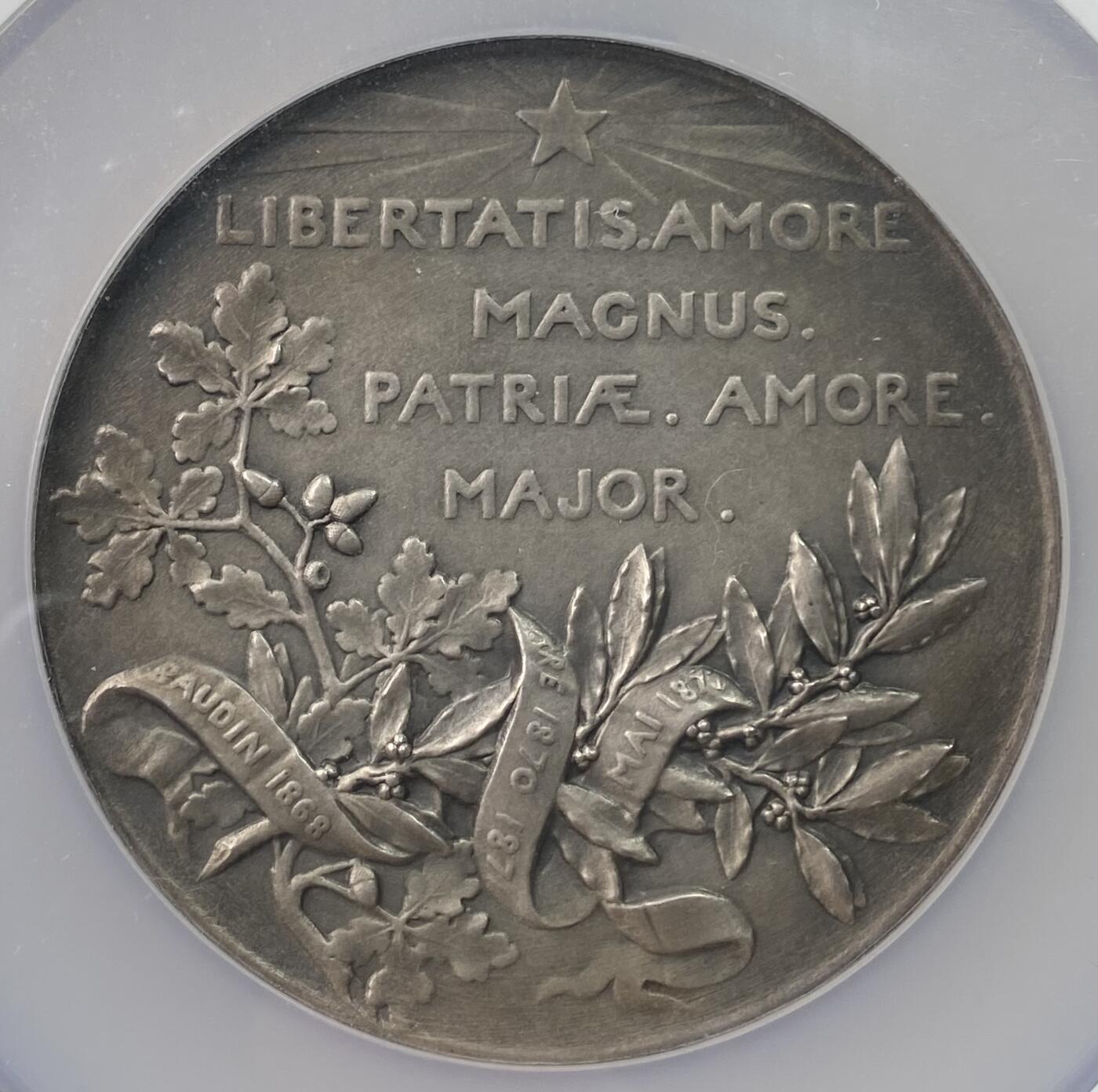 万国钱币拍卖第055期 NGC MS63 1882年法国第三共和国众议院议长莱昂·甘必大逝世纪念镀银大铜章 法系罗蒂名家雕刻