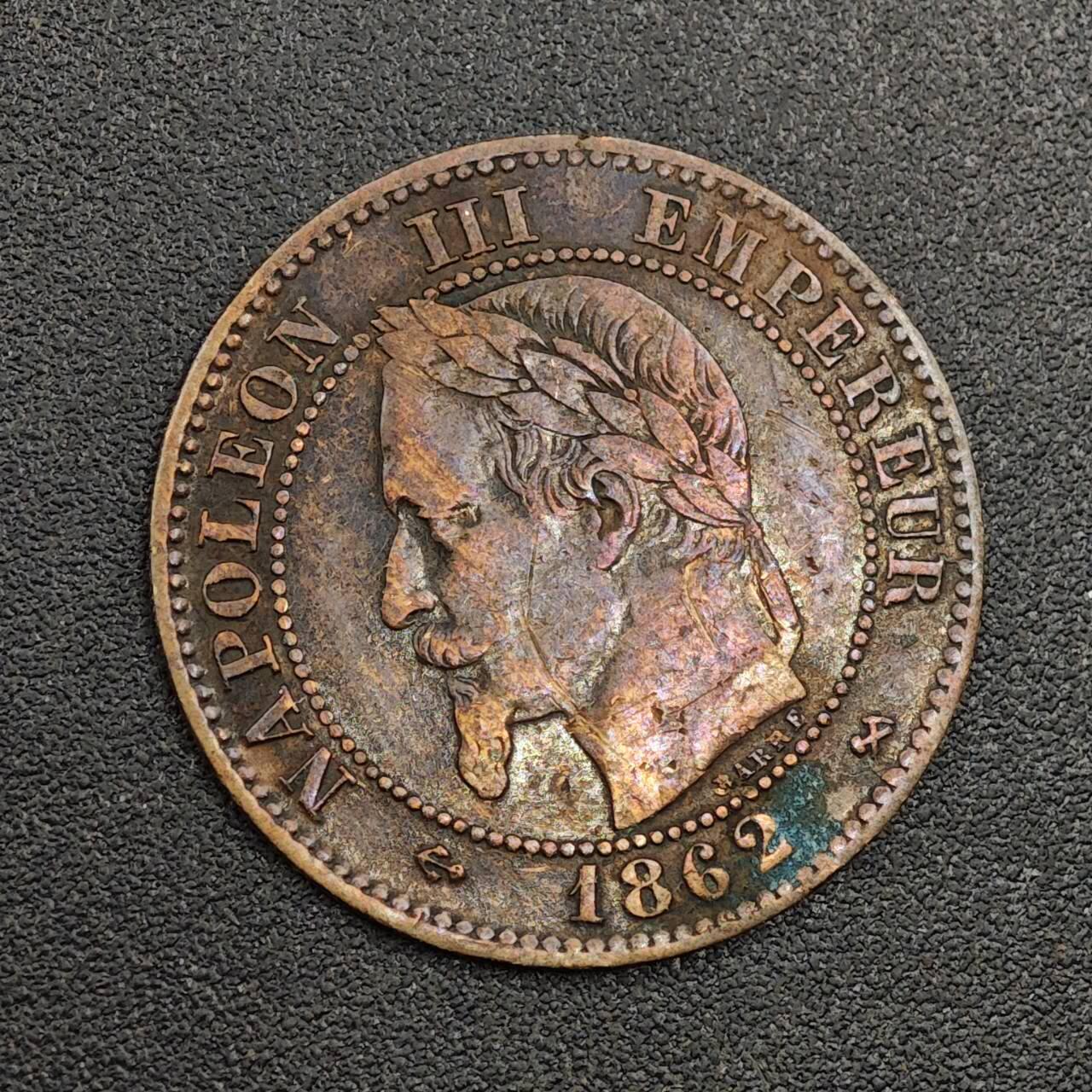 【淘币小摊】限时拍第七百九十七拍  老铜币场  满百包邮可预留两周  周一统一发货  法国1862年拿破仑三世2分铜币