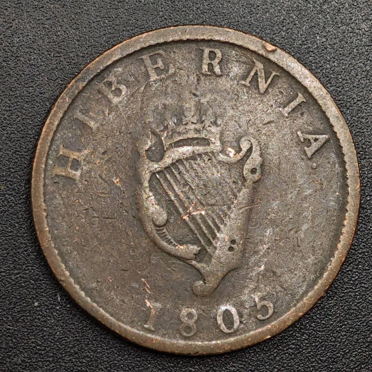 【淘币小摊】限时拍第七百九十七拍  老铜币场  满百包邮可预留两周  周一统一发货  爱尔兰1805年乔治三世半便士铜币