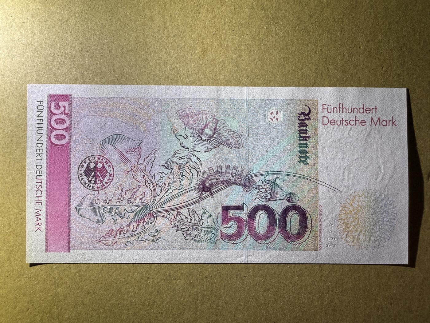 《艾美收藏》第220期-11.16周日外币畅拍场 德国500马克 AU 1991年 梅里安 AA冠 原票 仅中软折