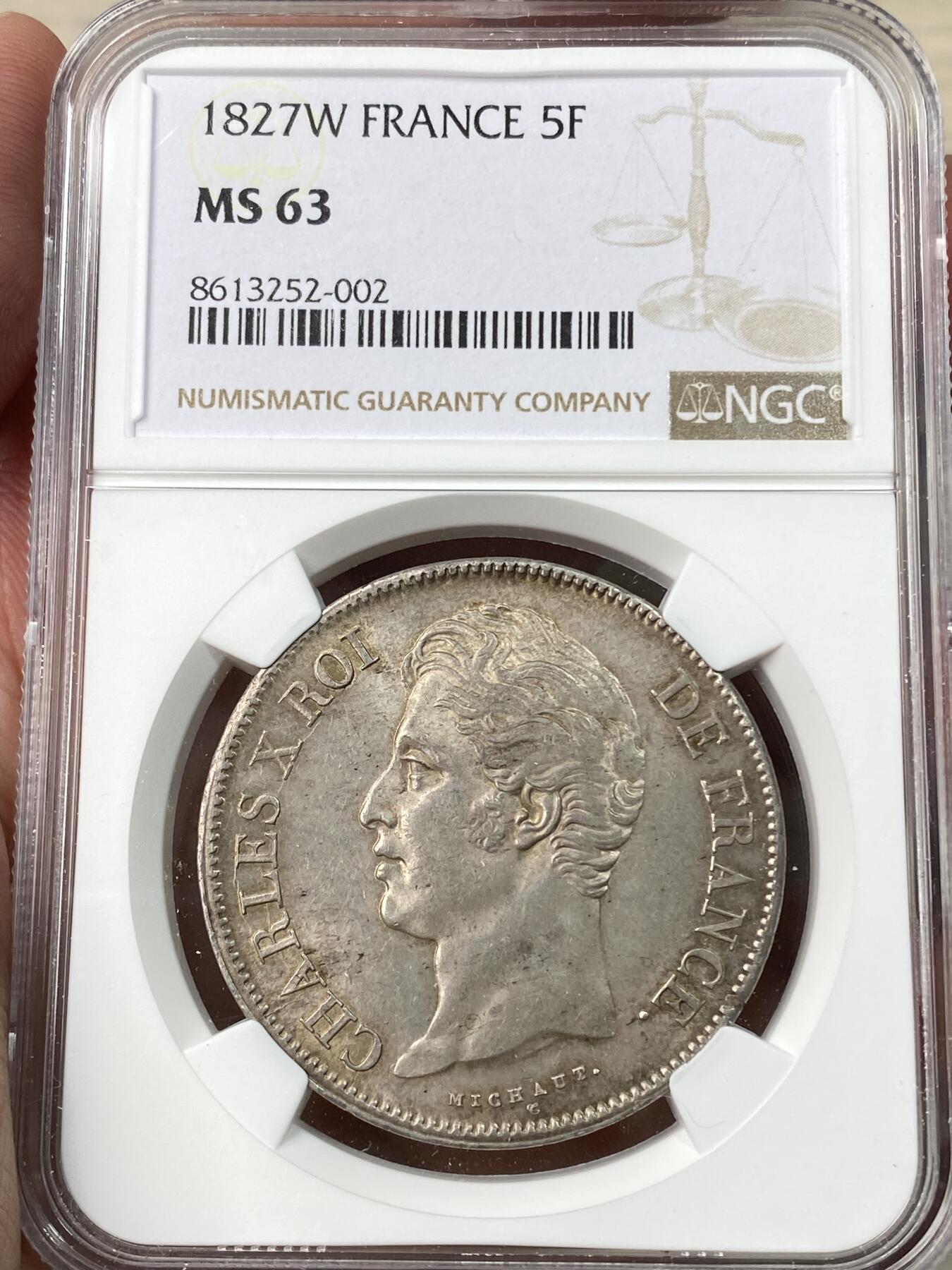 万国钱币拍卖第055期 NGC MS63 1829年W法国查理十世5法郎大银币 里尔厂铸 欧陆原味淡彩 全深打NGC亚军分 典藏品质
