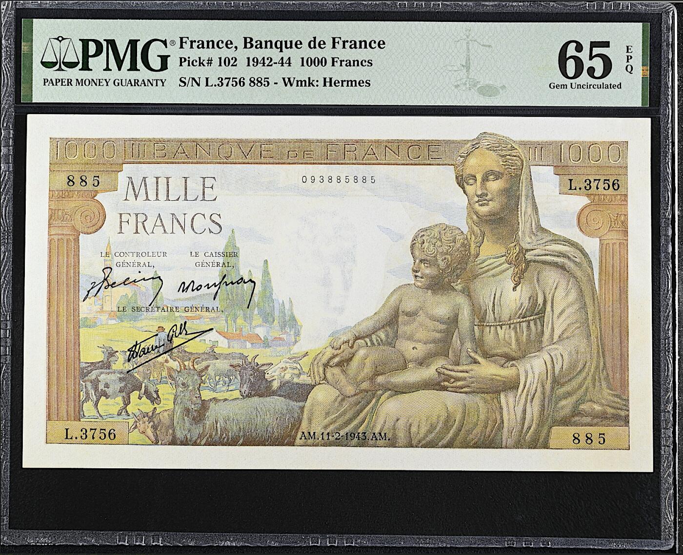 《艾美收藏》第220期-11.16周日外币畅拍场 法国1000法郎 PMG65E 1943年大票幅 母与子 无47