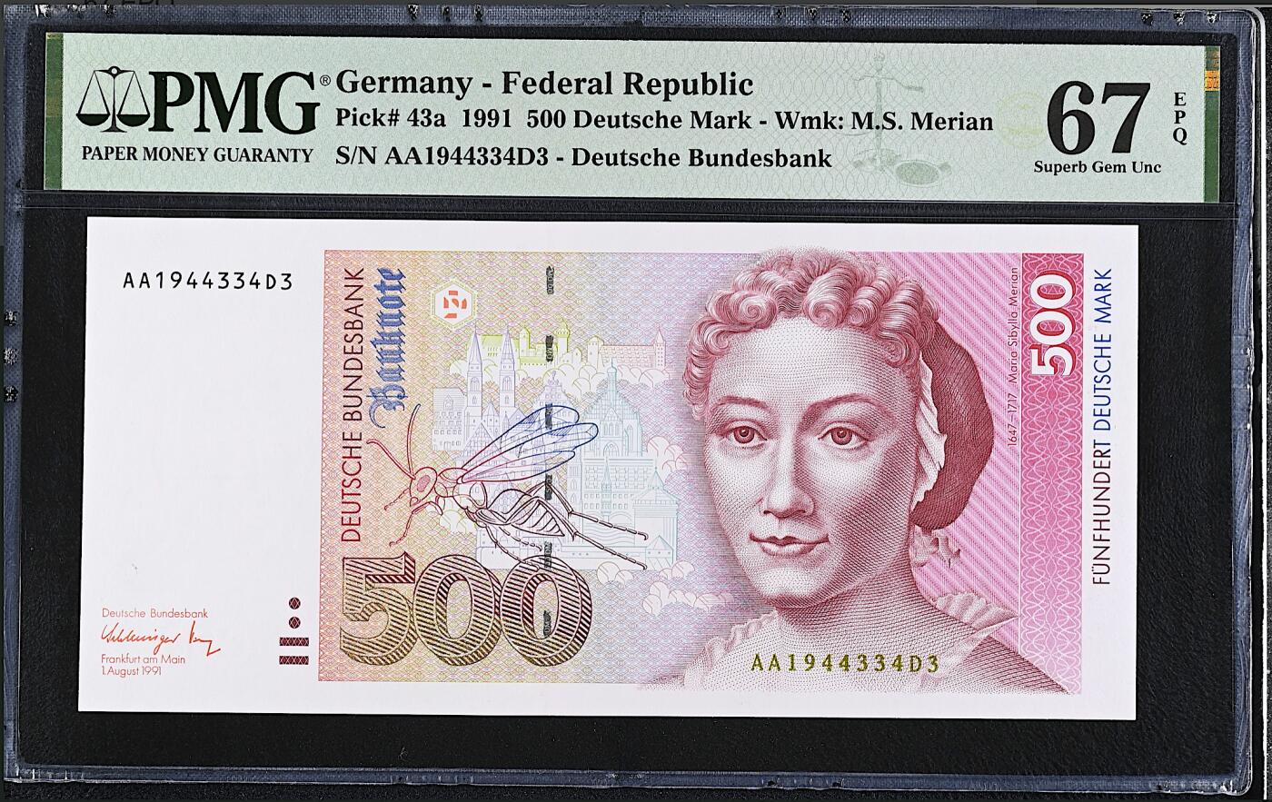 《艾美收藏》第220期-11.16周日外币畅拍场 德国500马克 PMG67E 1991年 德国女画家梅里安 AA冠