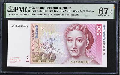 《艾美收藏》第220期-11.16周日外币畅拍场 - 德国500马克 PMG67E 1991年 德国女画家梅里安 AA冠